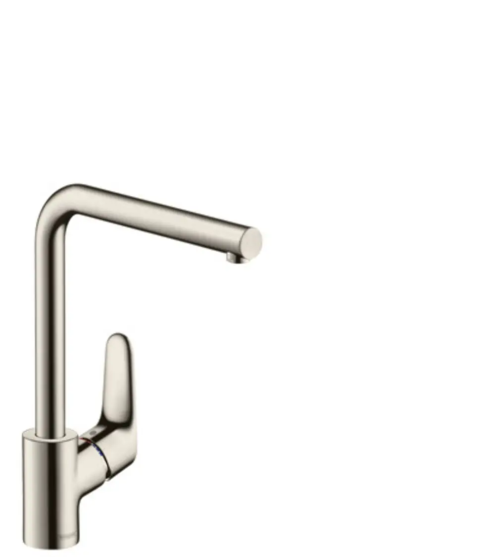 Küchenspültischmischer in Edelstahl-Optik von Hansgrohe mit einem geraden Auslauf und einem Hebel zur Temperatur- und Durchflussregelung.